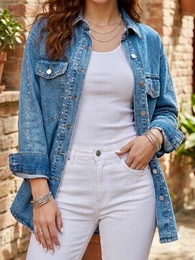 🩵 Hello Gorgeous! Rivet Embellished Western Style Long Sleeve Denim Jean Jacket